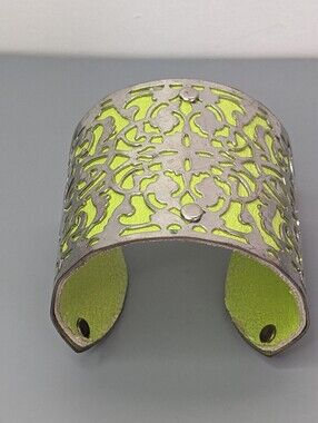 Vintage Wide Metal Cutout Cuff Bracelet With Leather Backing 1970s Boho Lime